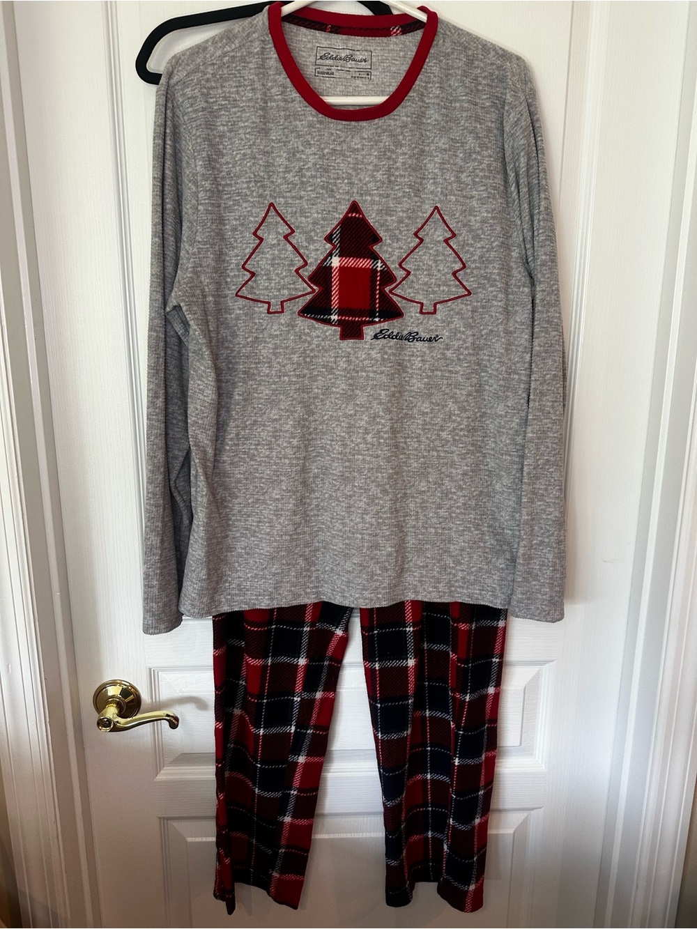 Eddie Bauer Gray Top with Red Plaid Tree & Red Plaid Pants Kids Pajama Set